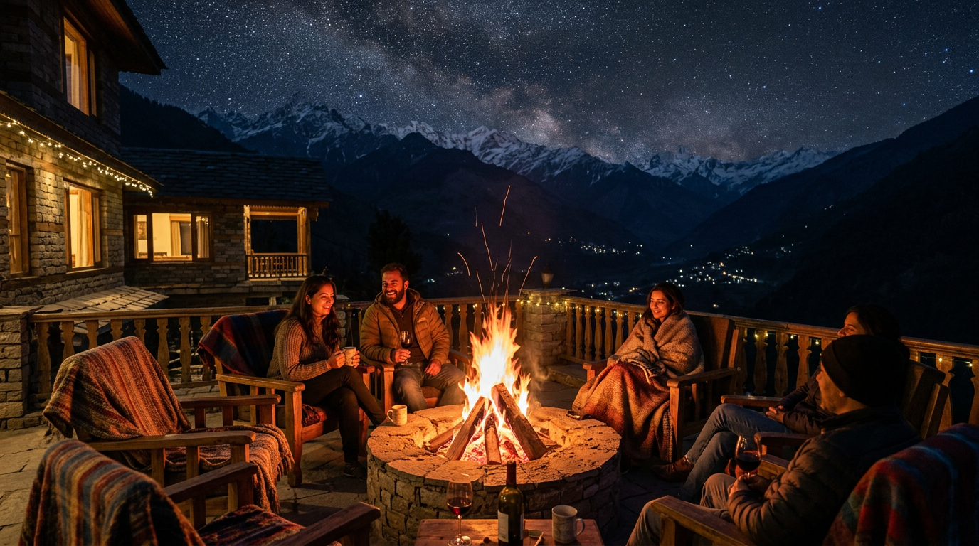 Evening bonfire at Salud villa in Kasauli with mountain backdrop