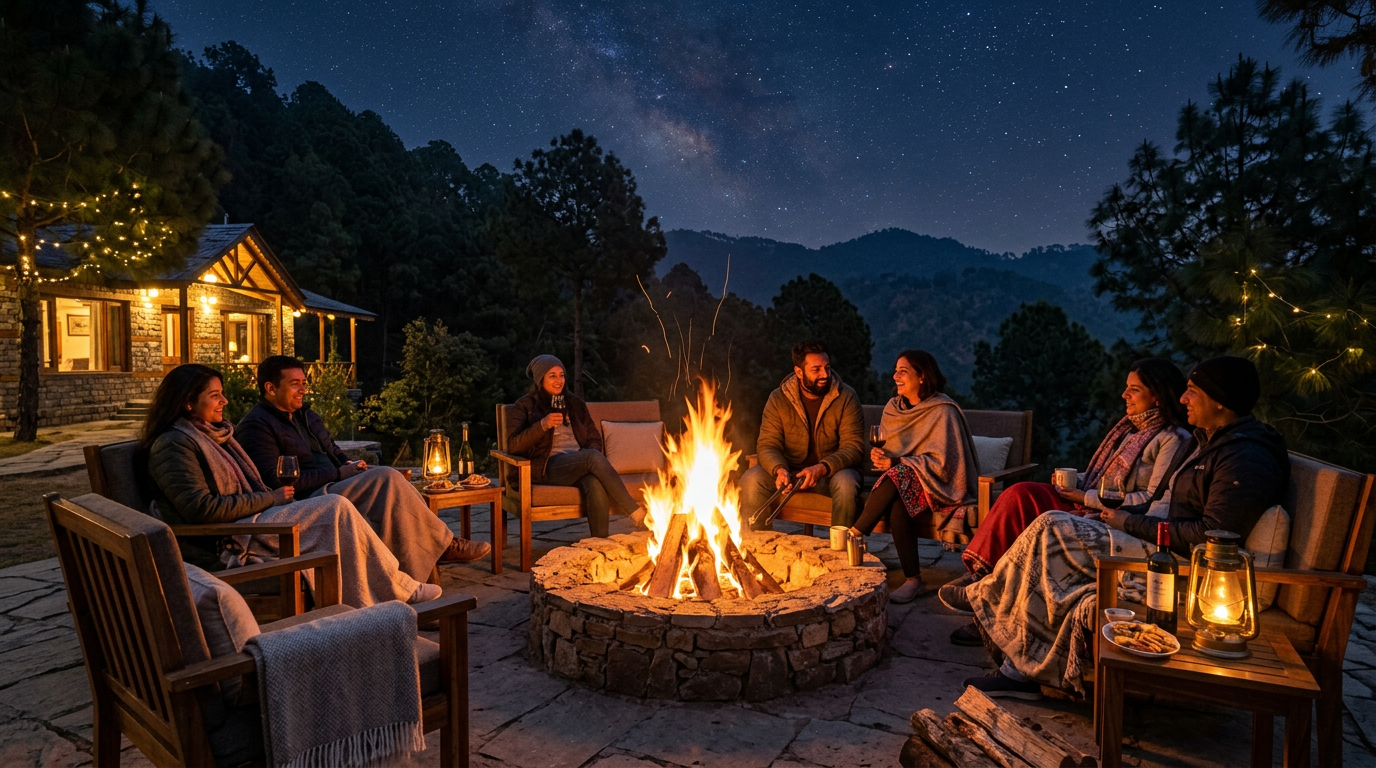Bonfire evening with friends under the stars at Salud villa