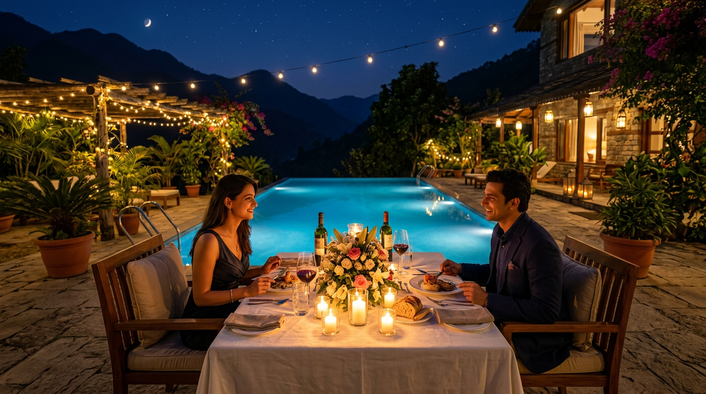 Romantic candlelight dinner by the heated pool